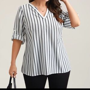 Striped V-Neck Women's Top - Black and White